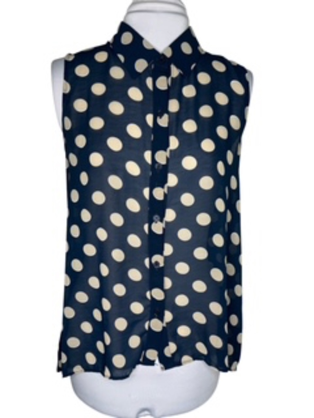 Sans Souci Polka Dot Button-Down Collared Sleeveless Hi-Lo Hem Blouse Size L